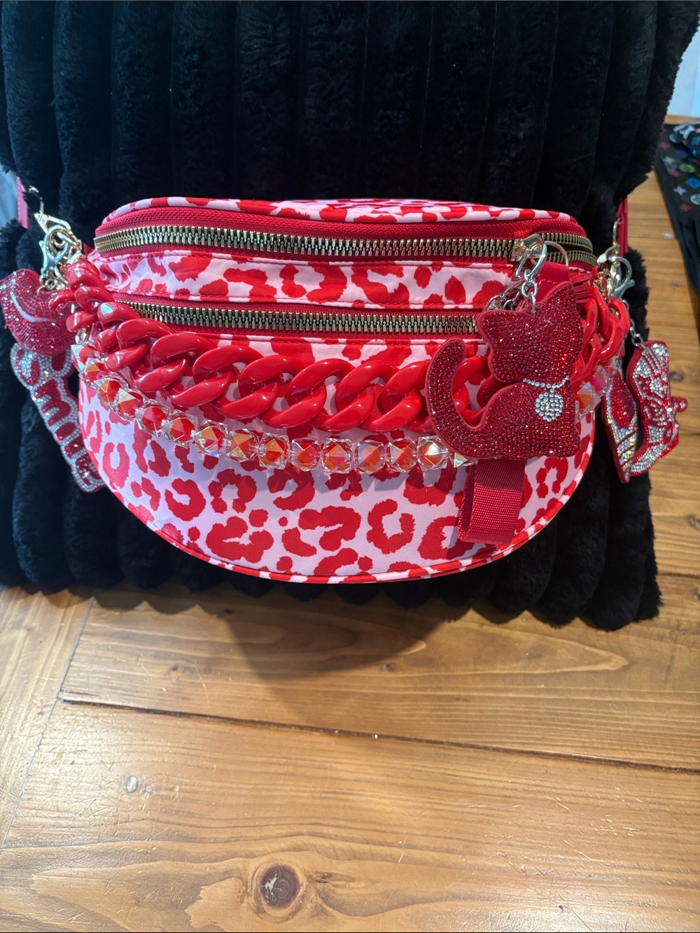 Red Leopard Print Crossbody Belt Bag with Crystal Accents